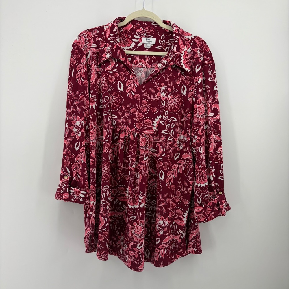 Kim Rogers Womens XXL Burgundy Floral Tunic Top Pleated Empire Waist 3/4 Sleeve